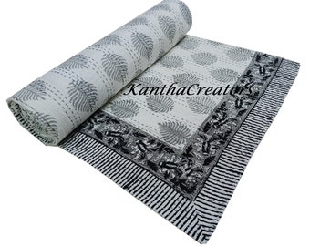 Indian Kantha Quilt Handmade Bedding Coverlet King Size Kantha Throw Reversible Blanket Hand Stitch Bedspread Hand Block Print Cotton Gudari