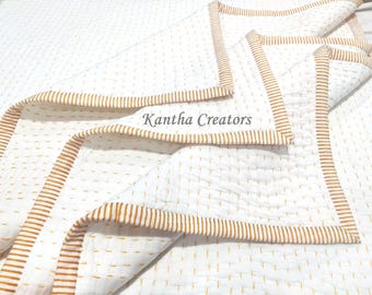 White Kantha Quilt, Handmade Cotton Boho Throw Blanket - Minimalist Pinstripe Bedding - Indian Kantha Coverlet