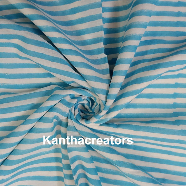 Blue Striped Design Hand Block Print Fabric Soft Cotton Voile Fabric Running Fabric Kid's Clothing Summer Swing Fabric By The Yard