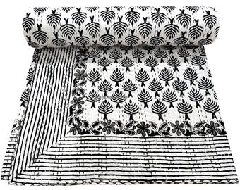 Coperta Kantha con stampa a blocchi di foglie, copriletto reversibile in cotone cucito a mano, copriletto per divano matrimoniale