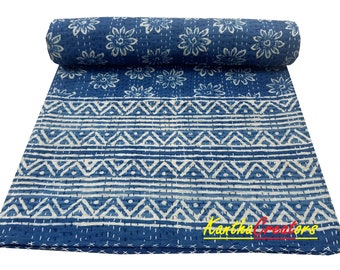 Blue Indigo Bedspread Handmade Kantha Quilt Handstitched Coverlet King Size Cotton Bedcover Reversible Winter Comforter