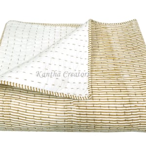 Trapunta indiana fatta a mano, trapunta Kantha con stampa a blocchi a righe marroni, trapunta Kantha trapuntata in 100% cotone, trapunta reversibile AC, trapunta da letto cucita a mano
