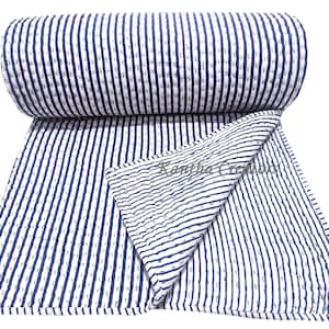 Blue Stripe Print Quilt, Indian Reversible Kantha Quilt, Hand Block Print Quilt, 100% Cotton Quilted Blanket, Luxury AC Bedroom Decor Quilt