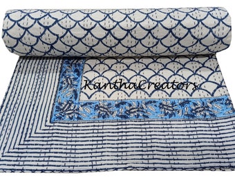 Handmade kantha Quilt Vintage Cotton Blanket king Size Bedcover Indian Bedspread Hand Block Print Reversible Coverlet Throw Winter Comforter