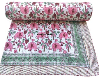 Copriletto reversibile in morbido cotone fatto a mano, plaid Kantha con stampa a blocchi di elefanti, trapunte per divano matrimoniale