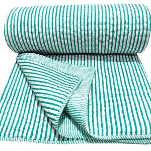 Strip Block Print Kantha Quilt, Indian Reversible100%Cotton Quilted Blanket, Soft Kantha AC Blanket, Luxury Bedding Quilt, Sofa Decor Quilt