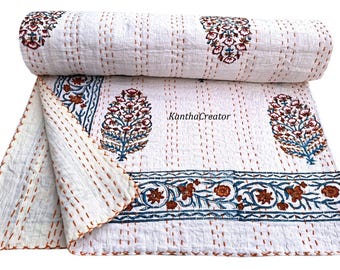 Coperta Kantha con stampa a blocchi di flora, copriletto reversibile in morbido cotone fatto a mano, copriletto per divano matrimoniale