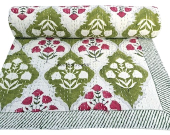 Copriletto reversibile in cotone matrimoniale, plaid Kantha con stampa floreale a blocchi, biancheria da letto di lusso per divano.