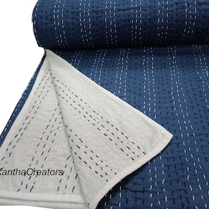Solid Blue Indigo Kantha Bedcover Indian Handmade 100%Cotton Quilt Handstitched Bedspread Reversible Blanket Bohemian Winter Comforter Throw