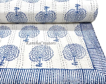Coperta Kantha di lusso con stampa a blocchi di alberi, copriletto reversibile in cotone fatto a mano, trapunta matrimoniale