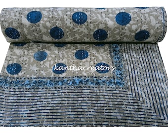 Blue Polka Dot Design Kantha Quilt Indian Bedding Coverlet Handmade Bedspread  Reversible Blanket Cotton Throw King Size Kantha Bedcover