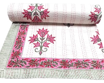 Plaid rosa con stampa floreale a blocchi, copriletto reversibile in cotone cucito a mano, coperta oversize per divano/trapunta.