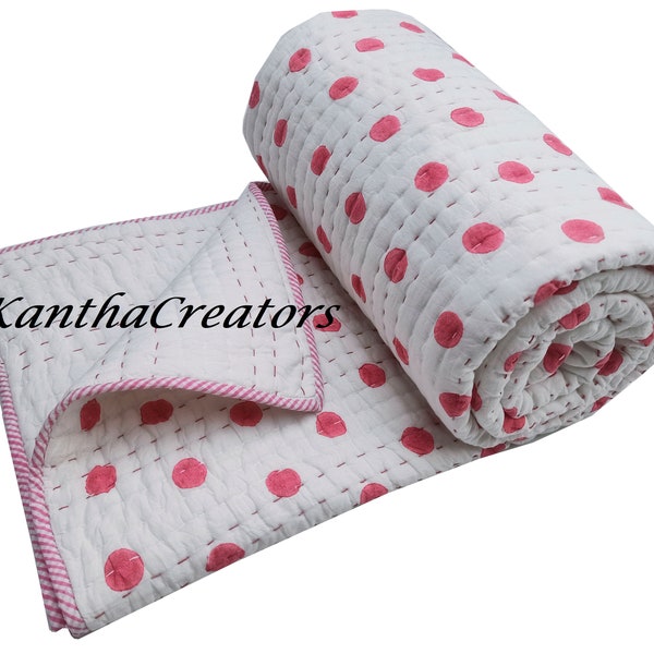 Indian Hand Block Polka Dot Kantha Quilt, Handmade Quilt, Bohemian Kantha Blanket, Quilted Bedding Throw, Cotton Traditional Kantha Blanket
