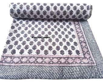 Manta Kantha con estampado floral en bloques, colcha de algodón reversible hecha a mano, cubrecama tamaño queen o sofá.