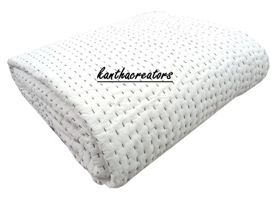 Reversible Solid White Cotton Kantha Quilt, Indian Handmade Blanket, Bedding/Sofa Cover/Quilts