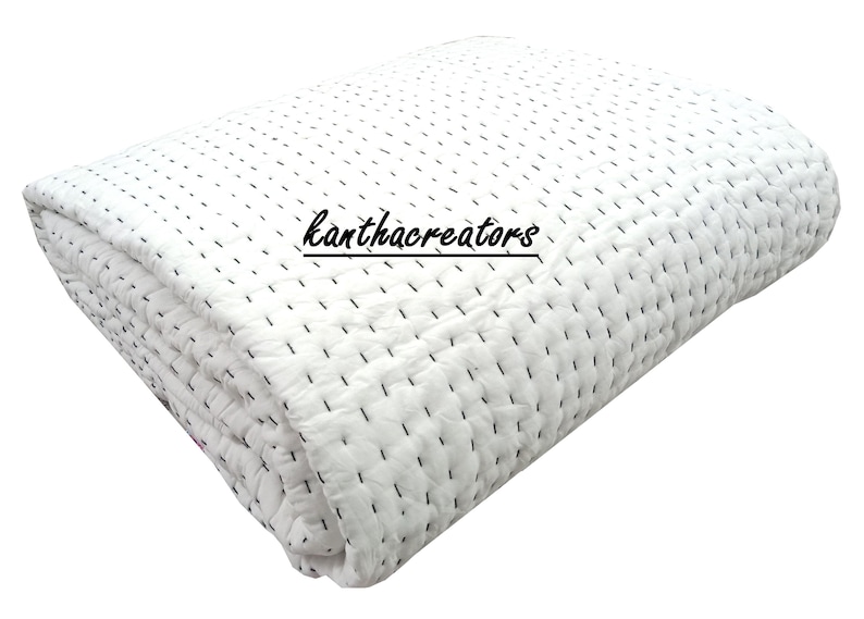 Trapunta Kantha reversibile in cotone bianco, coperta indiana fatta a mano, copriletto/copridivano/trapunte immagine 1