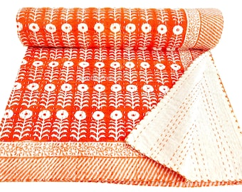 Copriletto reversibile in morbido cotone fatto a mano, coperta Kantha matrimoniale con motivo floreale a blocchi, trapunta leggera