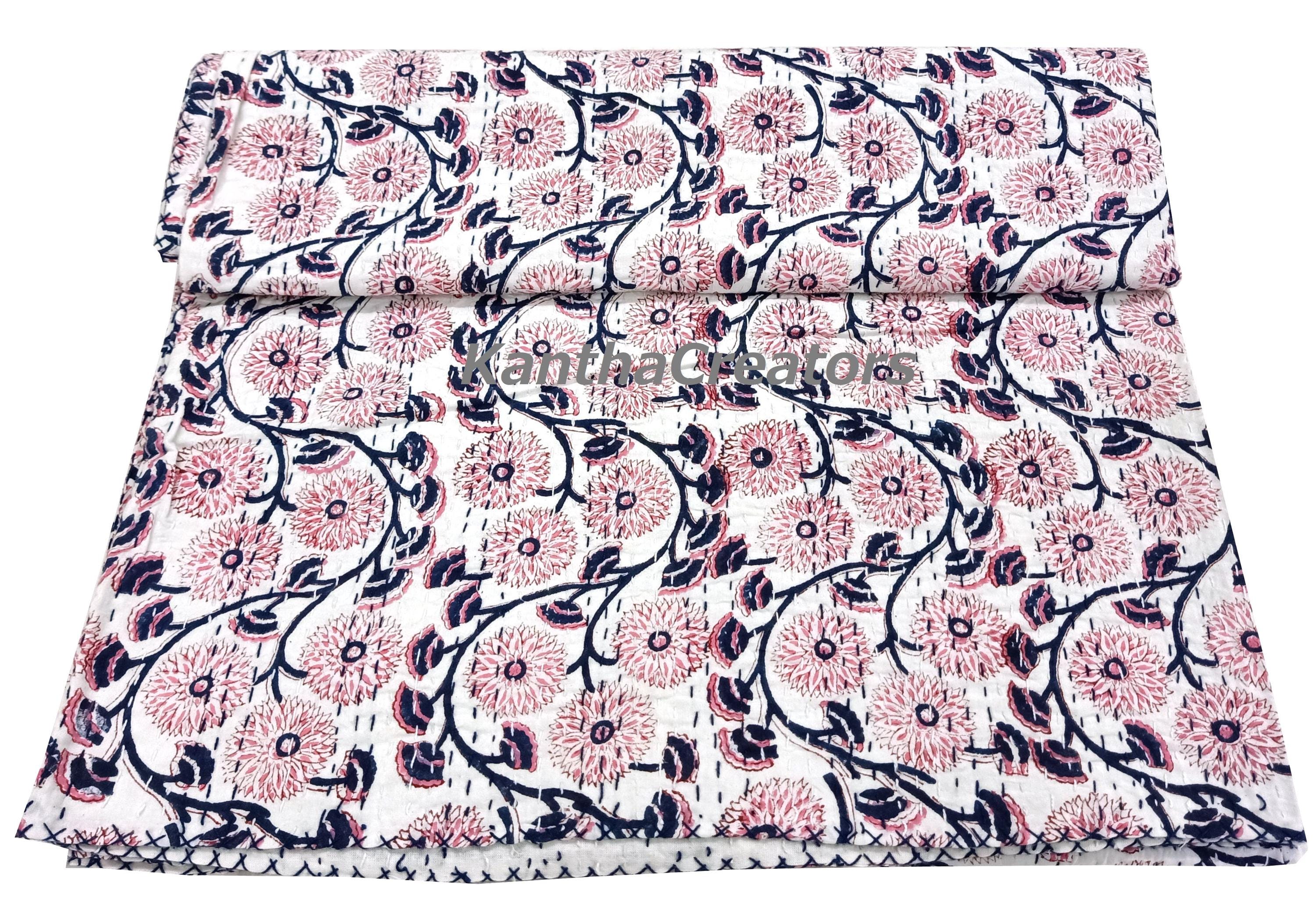 Manta Kantha Con Estampado Floral Queen, Colcha Reversible De