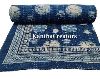 Blue Indigo kantha Quilt Handmade AC Comforter Floral Print Cotton Bedspread Indian Handstitched Bedding Coverlet Vintage Bedcover Throw