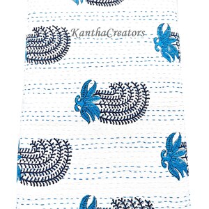 Blauer Kantha-Überwurf aus Baumwolle mit Handblockdruck, indische Kantha-Tagesdecke, 100% weiche Baumwollbettwäsche, Queen-Size-Wechselschicht