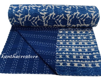 Blue Indigo Kantha Quilt Hand Block Print Bedding Coverlet Home Décor Bedspread King Size Blanket Indian Handmade Cotton Throw AC Comforter