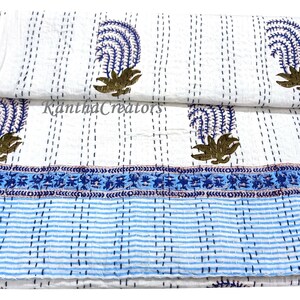 Handmade Reversible Kantha Throw: Hand Block Print Queen Bedspread