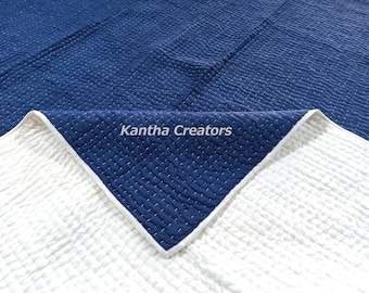 Solid Blue Cotton Kantha Quilt, Indian Handmade Reversible Blanket, Hand Stitch Bedding Quilt