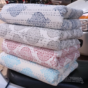 Floral Block Print Cotton Kantha Quilt, Handmade Reversible Bedspread, Queen Size Bedding Throw