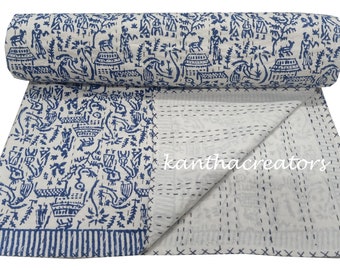 Pure Cotton Kantha Quilt Indian Handmade Coverlet Bohemian Blanket King Size Bedspread Handstitched Reversible Winter Comforter Sofa Cover