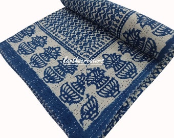 Blue Indigo Kantha Quilt Indian Quilt Handmade Cotton Bedding Coverlet Throw King Size Kantha Bedcover Summer Blanket Reversible Bedspread