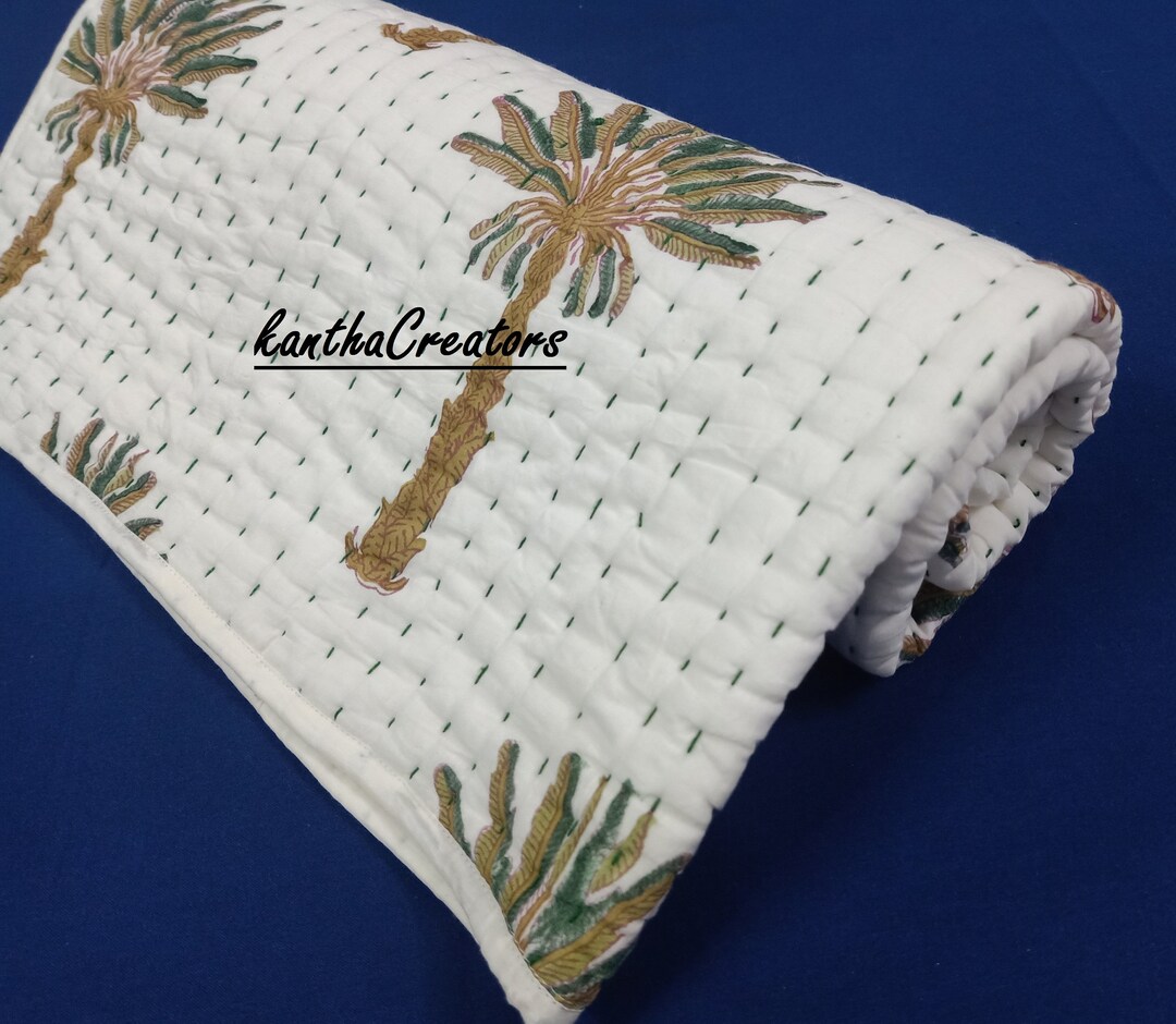 Cotton Kantha Quilt, Palm Tree Printed Quilt, Handmade Quilt, Natural