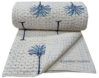 Blue Palm Tree Kantha Quilt Hand Block Print Bedspread Indian Cotton Bedcover Reversible Bedding Blanket Throw Hand Stitch Winter Comforter