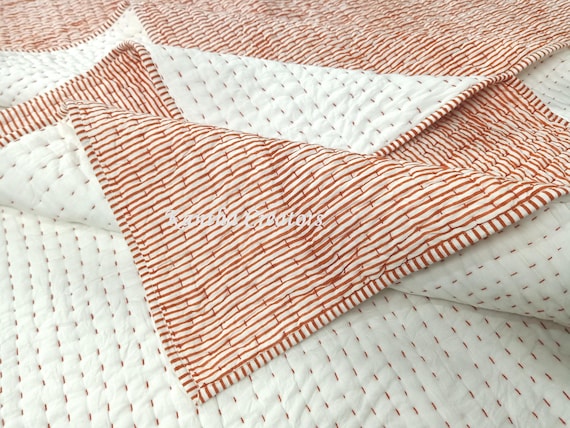 Rust Red Stripe Block Print Cotton Kantha Quilt, Handmade Blanket, Reversible Bed/Sofa Coverlet