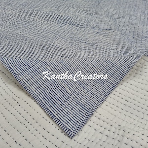 Blue & White Striped Print Cotton Quilt, Handmade Blanket, Hand Stitch Quilt, Cotton Kantha Quilt High Quality Kantha Quilt Cotton Bedspread