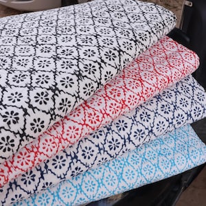 Handmade Reversible Soft Cotton Bedspread, Floral Block Print Kantha Quilt, Queen Size Throw