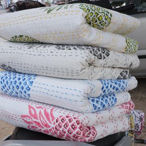 Indian Hand Block Print Cotton Kantha Quilt, Queen Size Reversible Bedspread, Boho Bedding Throw
