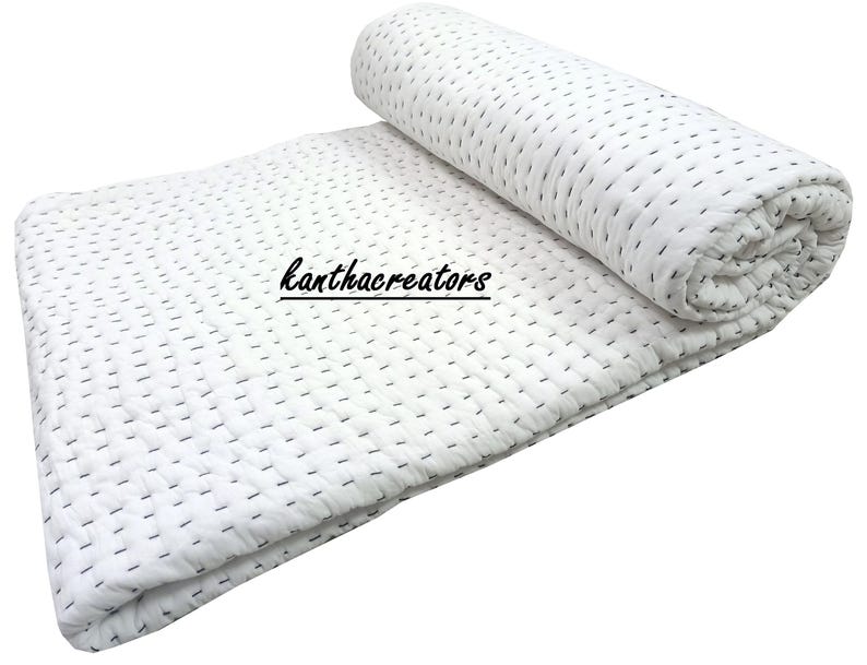 Trapunta Kantha reversibile in cotone bianco, coperta indiana fatta a mano, copriletto/copridivano/trapunte immagine 6