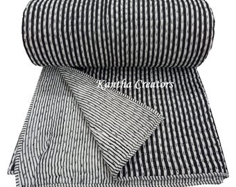 Trapunta Kantha a righe nere in morbido cotone, copriletto/copridivano reversibile fatto a mano, coperta leggera