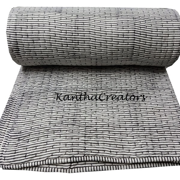 Black Stipe Kantha Quilt Handmade Bedding Coverlet King Size Comforter Reversible Blanket Indian Cotton Throw Boho Handstitched Bedspread