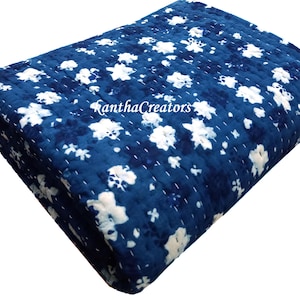 Indigo Blue Kantha Quilt, Reversible AC Blanket, Block Print Quilt, 100% Cotton Quilted Blanket, Indian Handmade Quilt Bedding Decor Quilt