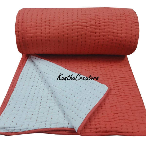 Indian Handmade Cotton Solid Kantha Quilt Handstitched Plain Blanket Bohemian Reversible Bedding Throw Soft AC Comforter Modern Bedspread
