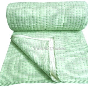 Green Stripe Block Print Kantha Quilt, Indian Handmade Reversible Bedding Quilt,100% Cotton Quilted Bed/Sofa Decor Blanket, Soft AC Blanket