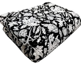 Queen Size Floral Block Print Kantha Throw, Handmade Cotton Reversible Bedspread, Light Weight Quilt