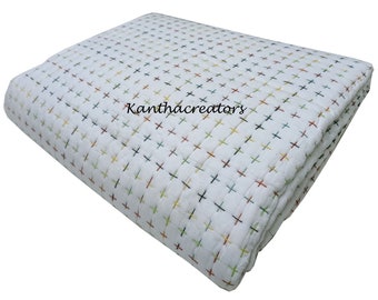 Multi Color Thread Stitch Solid Kantha Quilt White Bedding Quilt, 100% Cotton Hand Stitch Reversible Blanket Indian Quilt Pure Cotton Kantha