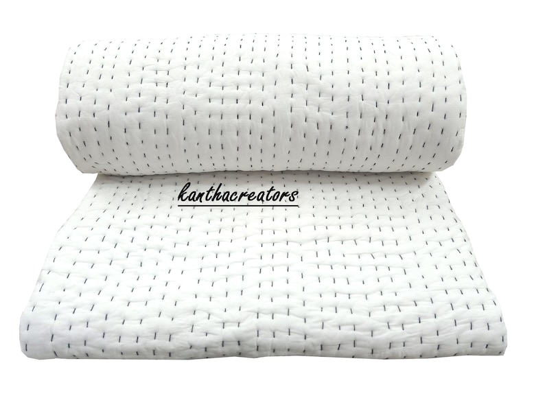 Trapunta Kantha reversibile in cotone bianco, coperta indiana fatta a mano, copriletto/copridivano/trapunte immagine 4