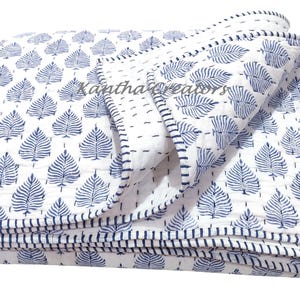 Blue Leave Block Print Kantha Quilt, Indian Reversible 100% Cotton Quilted Blanket, Sofa/Bed Decor Quilt, Soft Luxury All Size AC Blanket
