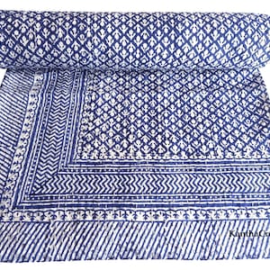 Luxus Blau Weiß Hand Block Print Kantha Bettwäsche Werfen, Indische Reversible 100% Baumwolle Tagesdecke, Queen-Size Hand Stich Bettwäsche Tröster