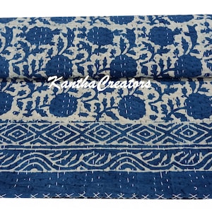 Floral Print Kantha Blanket Cotton Bedcover Hand Stitch Bedspread King Size Comforter Indian Bedding Coverlet Handmade Throw Modern Quilt