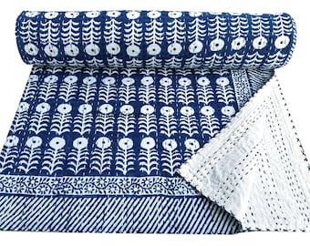 Coperta Kantha con stampa floreale a blocchi, copriletto reversibile in cotone cucito a mano, copriletto per divano matrimoniale