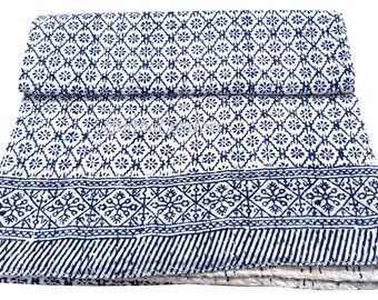 Blue Dimond Print Throw, Wood Block Print Quilt, 100%Cotton Kantha Bedding Throw, Indian Hand Stitch Quilt Reversible Quilted Soft Bedspread